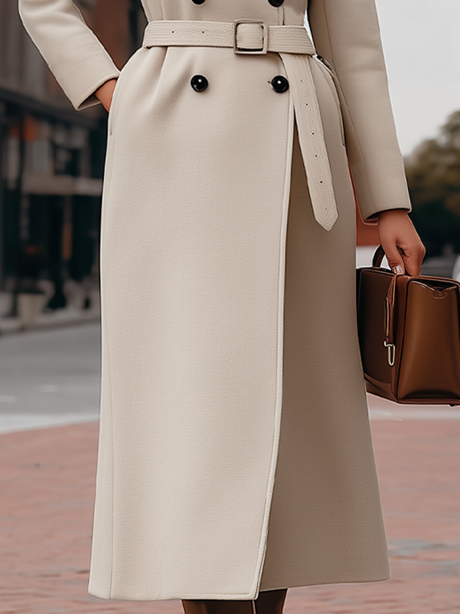 Elegant Beige Double-Breasted Belted - Coat