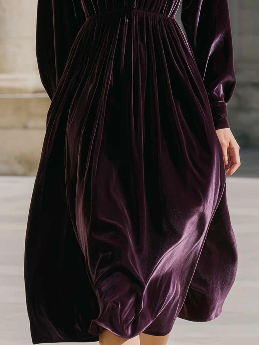 Aubergine Velvet Button-Front Shirt Dress - Midi Dress