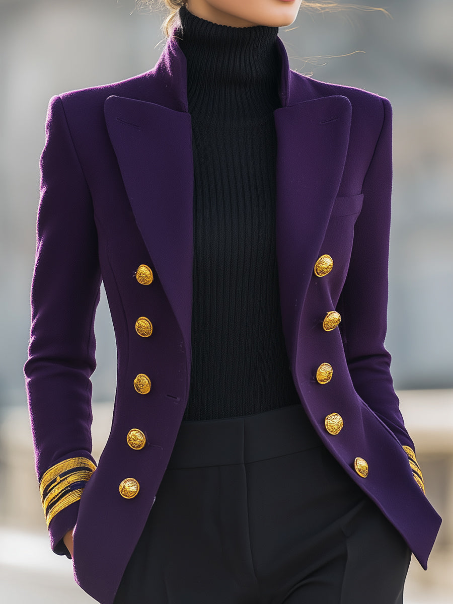 Purple Double-Breasted Military-Inspired Tailored Fit - Blazer