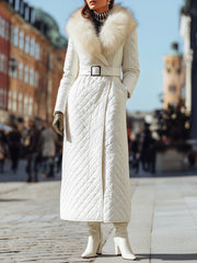 Ivory Quilted Coat With Faux Fur Collar And Belted Waist - Coat