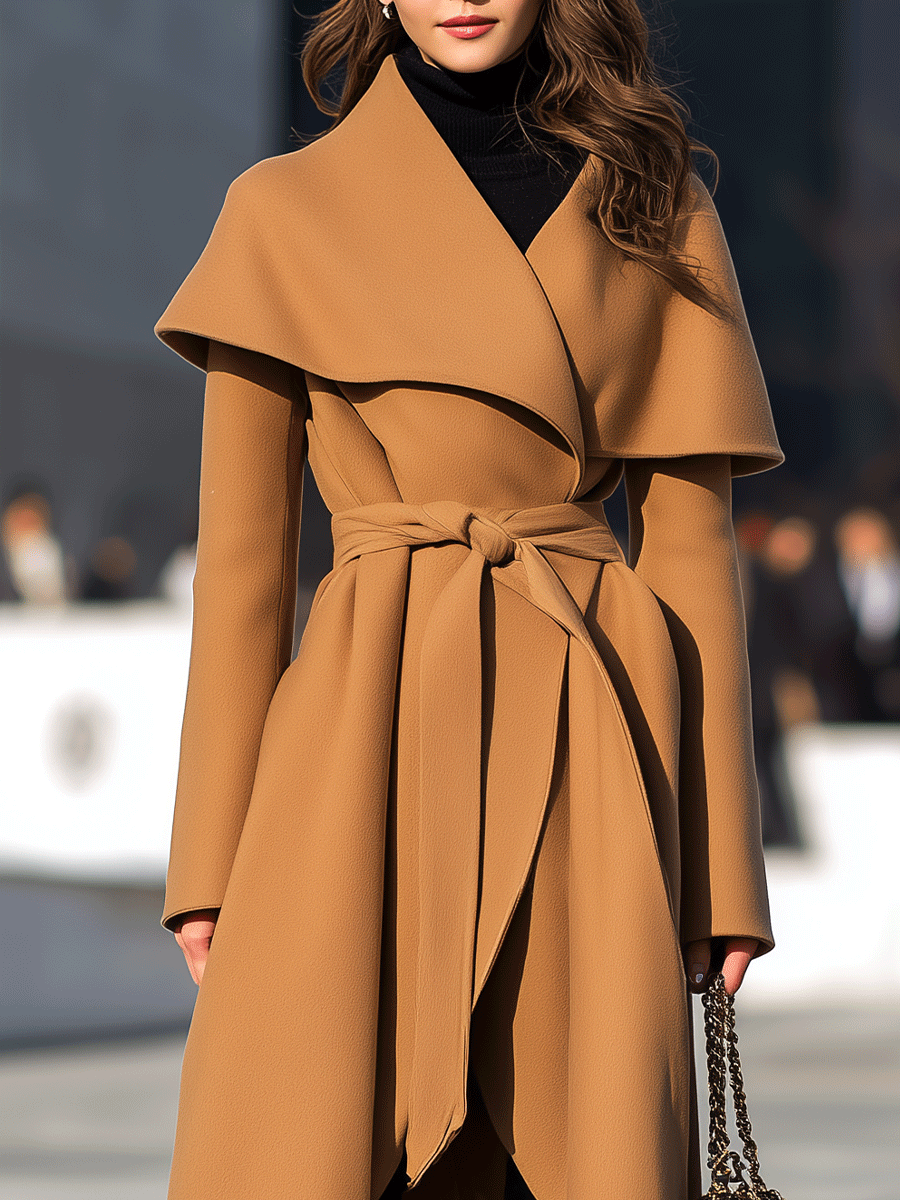 Camel Waterfall Drape Belted Waist - Long Coat