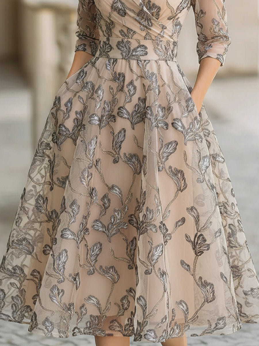 Embroidered Metallic Leaf Mesh Midi Dress - Midi Dress