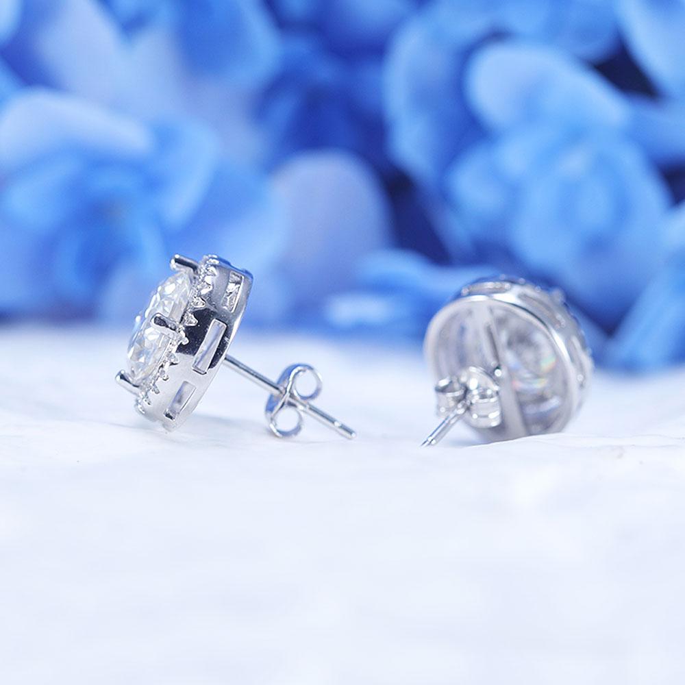 D Color Moissanite Round Cut Halo Design Sterling Silver Stud Earrings Shine of Diamond