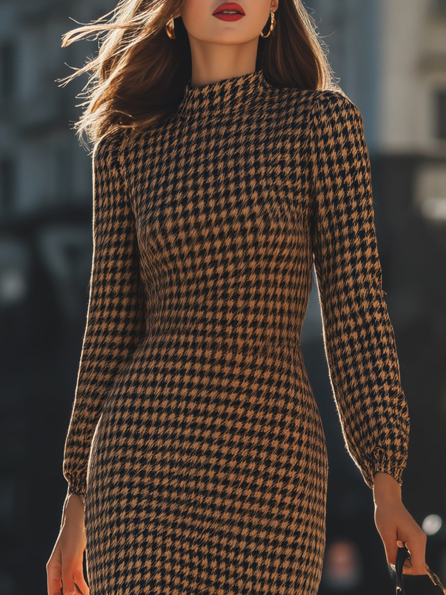 Elegant Houndstooth Mock Neck - Midi Dress