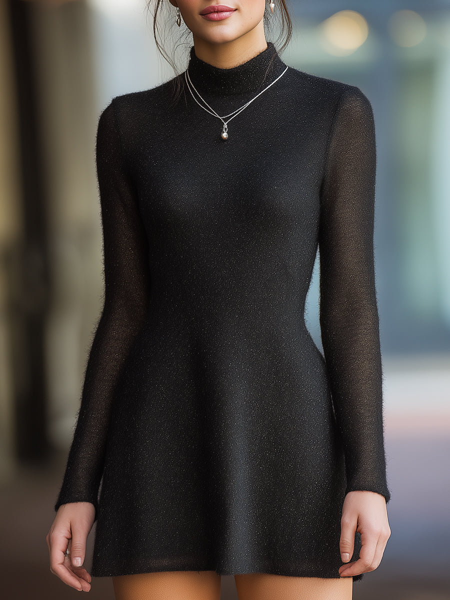 Sheer Sparkle Long Sleeves High Neck - Mini Dress