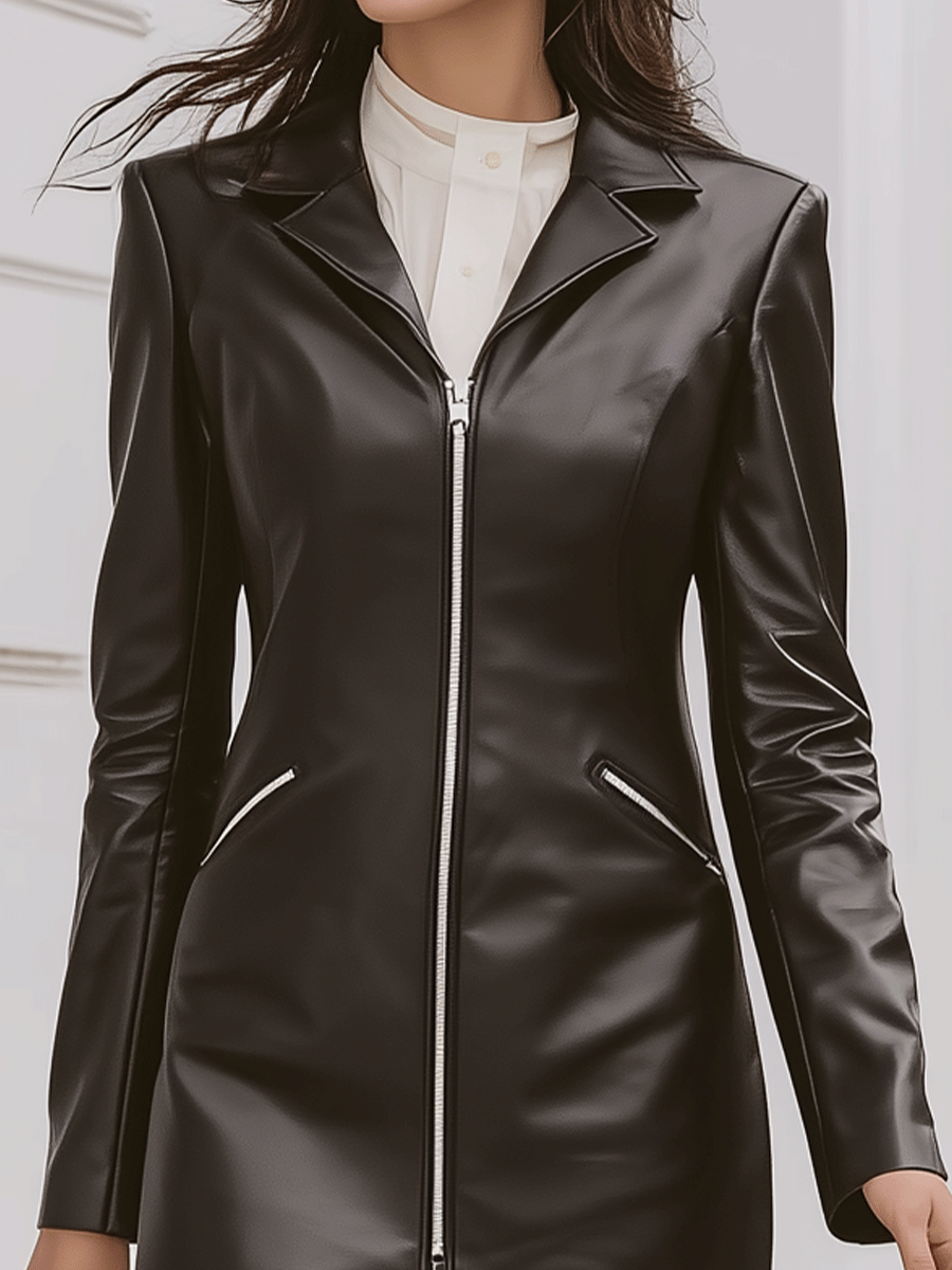 Sleek Black Zip-Front Faux Leather Blazer Style - Mini Dress