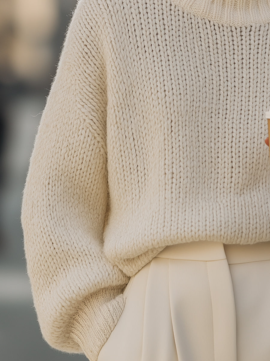 Oversized Cream Knit Turtleneck - Sweater
