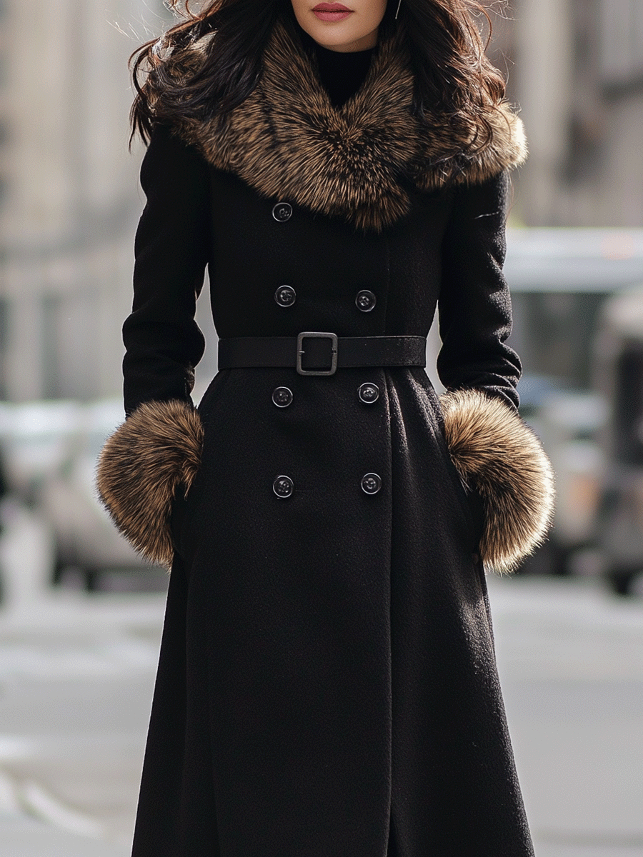 Black Double-Breasted Coat With Faux Fur Collar & Cuffs - Women's Coat