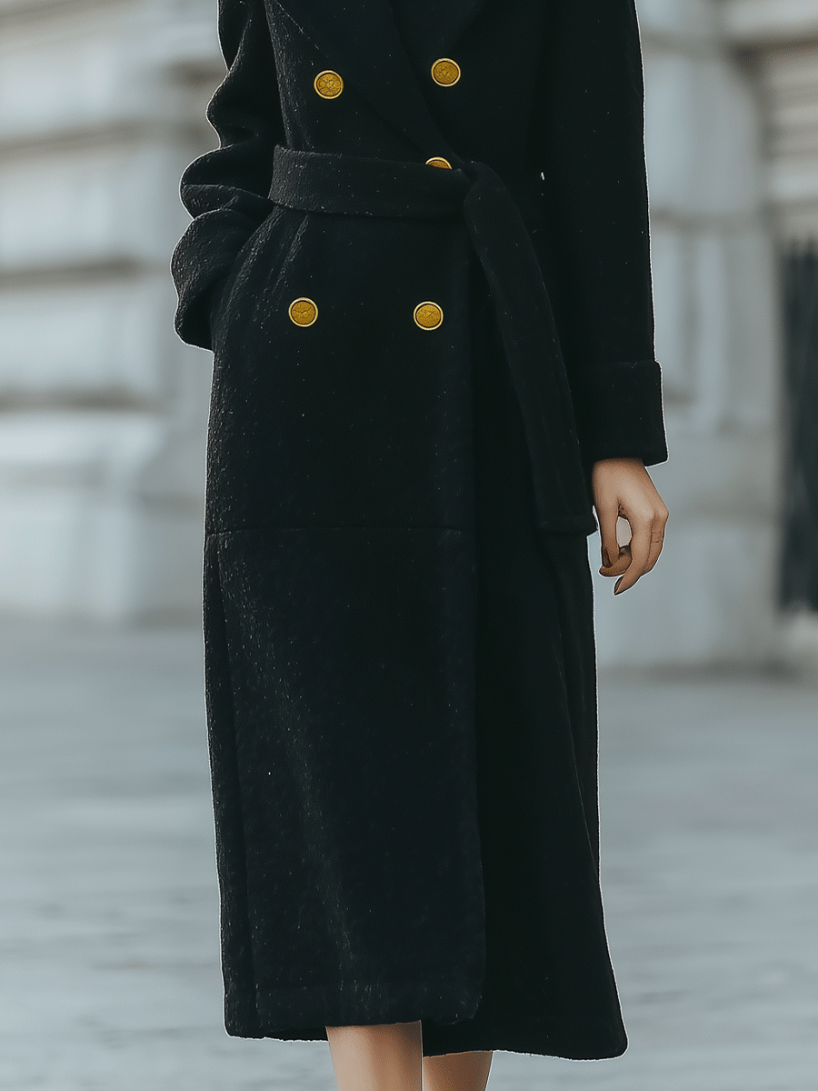 Black Double-Breasted Belted Tailored Coat - Long Coat