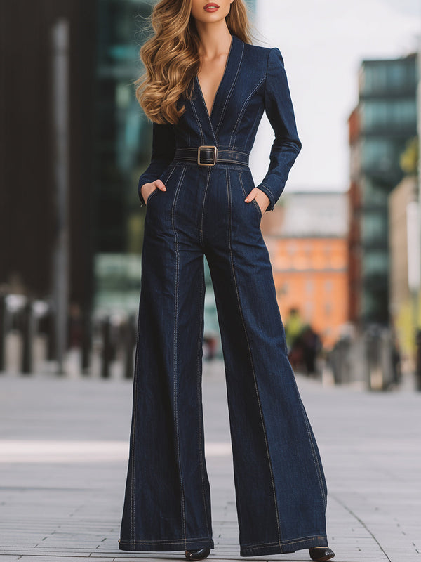 Long-Sleeve Tailored Denim Wide-Leg Jumpsuit ZJ