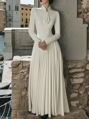 Elegant Scarf-Tie Collar Plain Maxi - Maxi Dress