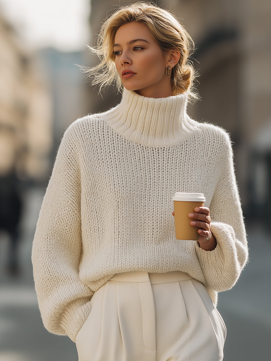 Oversized Cream Knit Turtleneck - Sweater