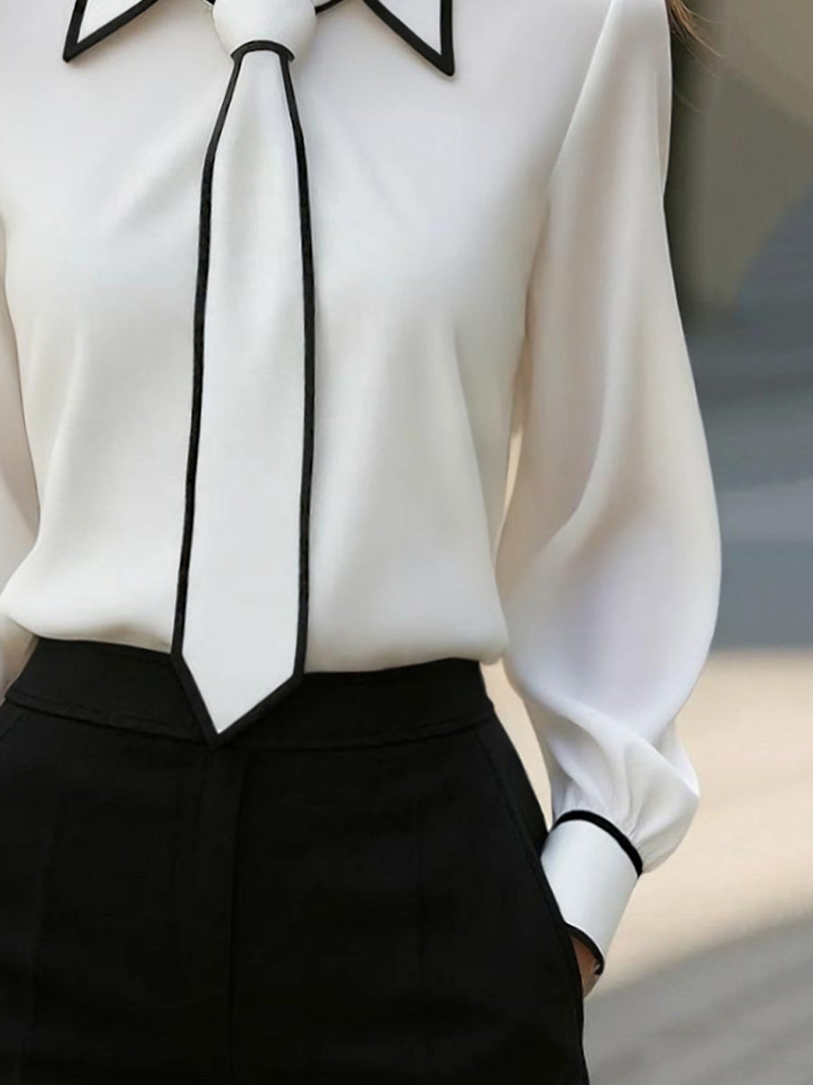 Women's Chic Contrast-Trim Tie-Neck Bow - Blouse