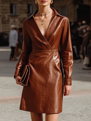 Chic Brown Faux Leather Wrap Dress - Mini Dress