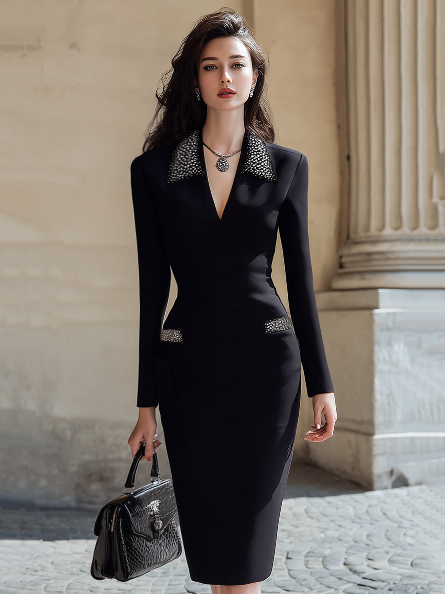 Elegant Beaded Collar Bodycon Evening Partywear - Midi Dress