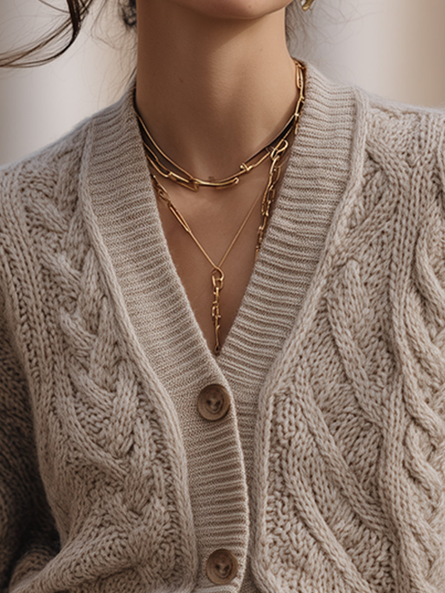Oversized Chunky Cable Knit Button-Front - Cardigan