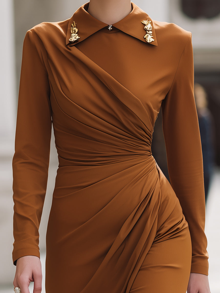 Rust Draped Silhouette with Embellished Collar - Midi Dress
