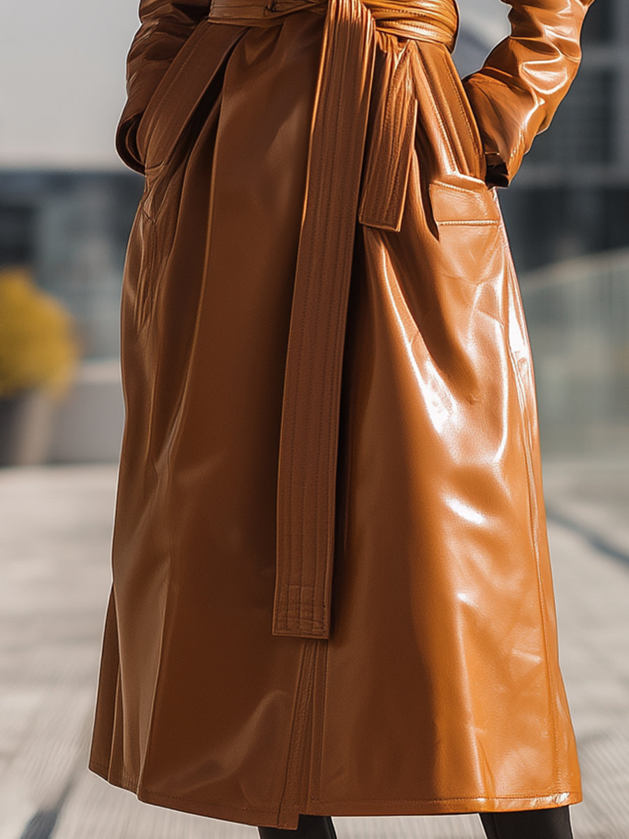 Cognac Faux Leather Belted Longline - Trench Coat