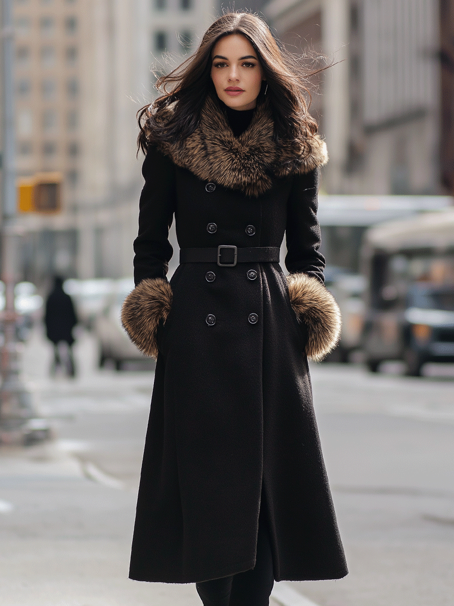 Black Double-Breasted Coat With Faux Fur Collar & Cuffs - Women's Coat