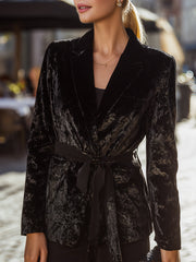 Women's Black Velvet Belted Tailored Blazer - Blazer