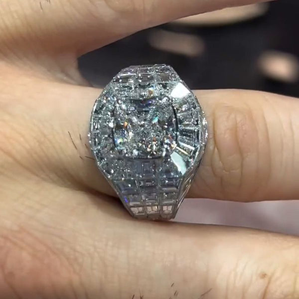 Luxury Cushion Cut With Banquette Cut Side Stone Men's Ring in Sterling Silver hot