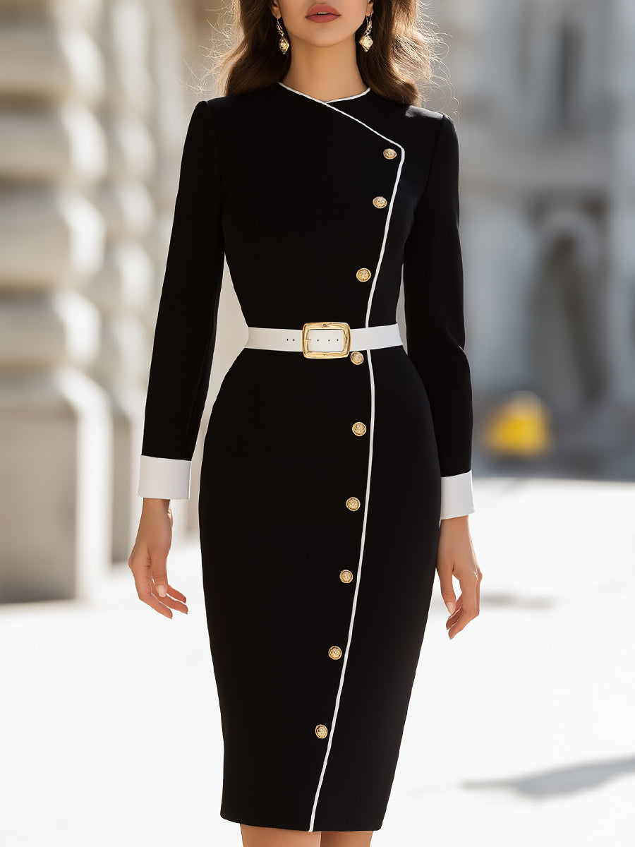 Asymmetrical Button-Front with Contrast Trim - Midi Dress