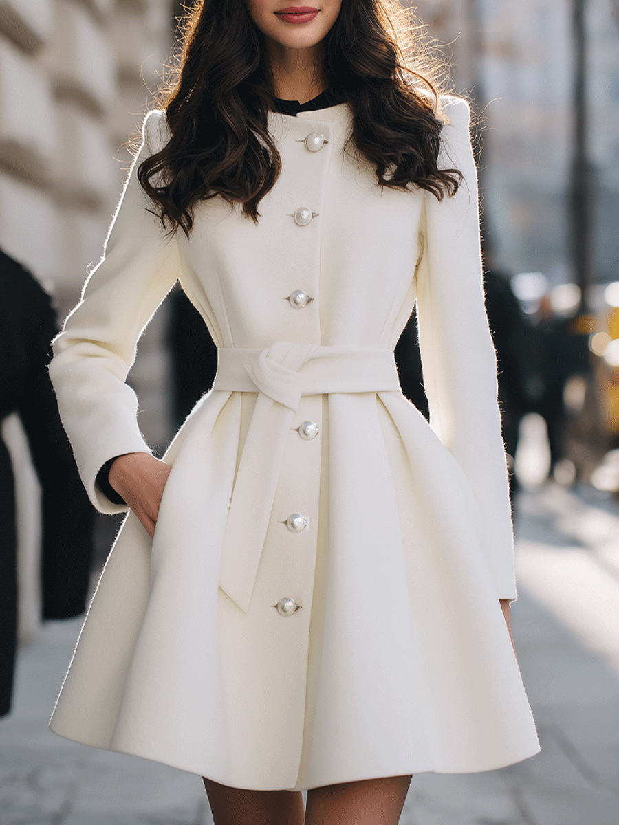 Ivory Pearl-Button Short Coat With Waist Tie - Coat
