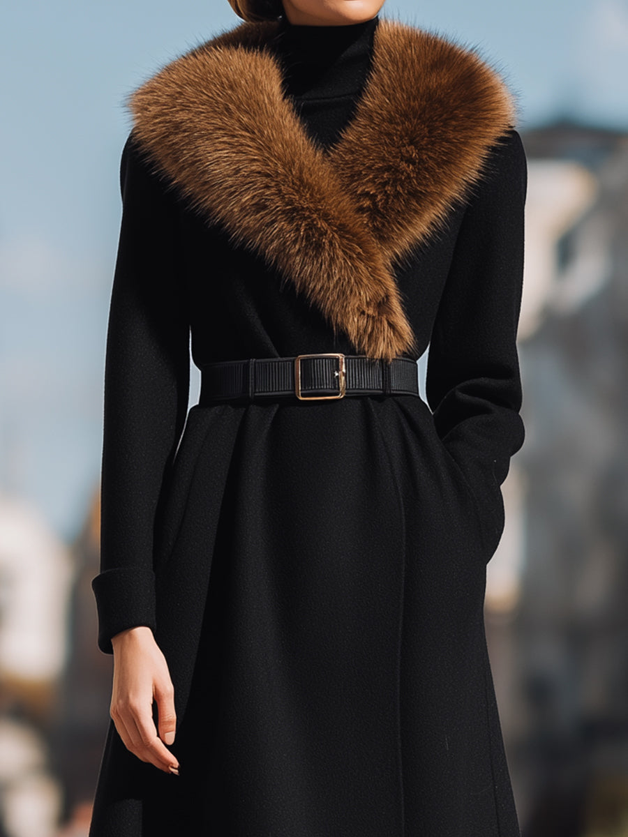 Black Wool with Wide Faux Fur Collar - Women's Wool Coat