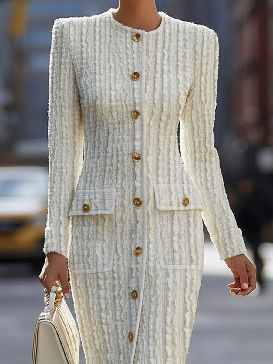 Ivory Textured Knit With Gold Buttons - Midi Dress