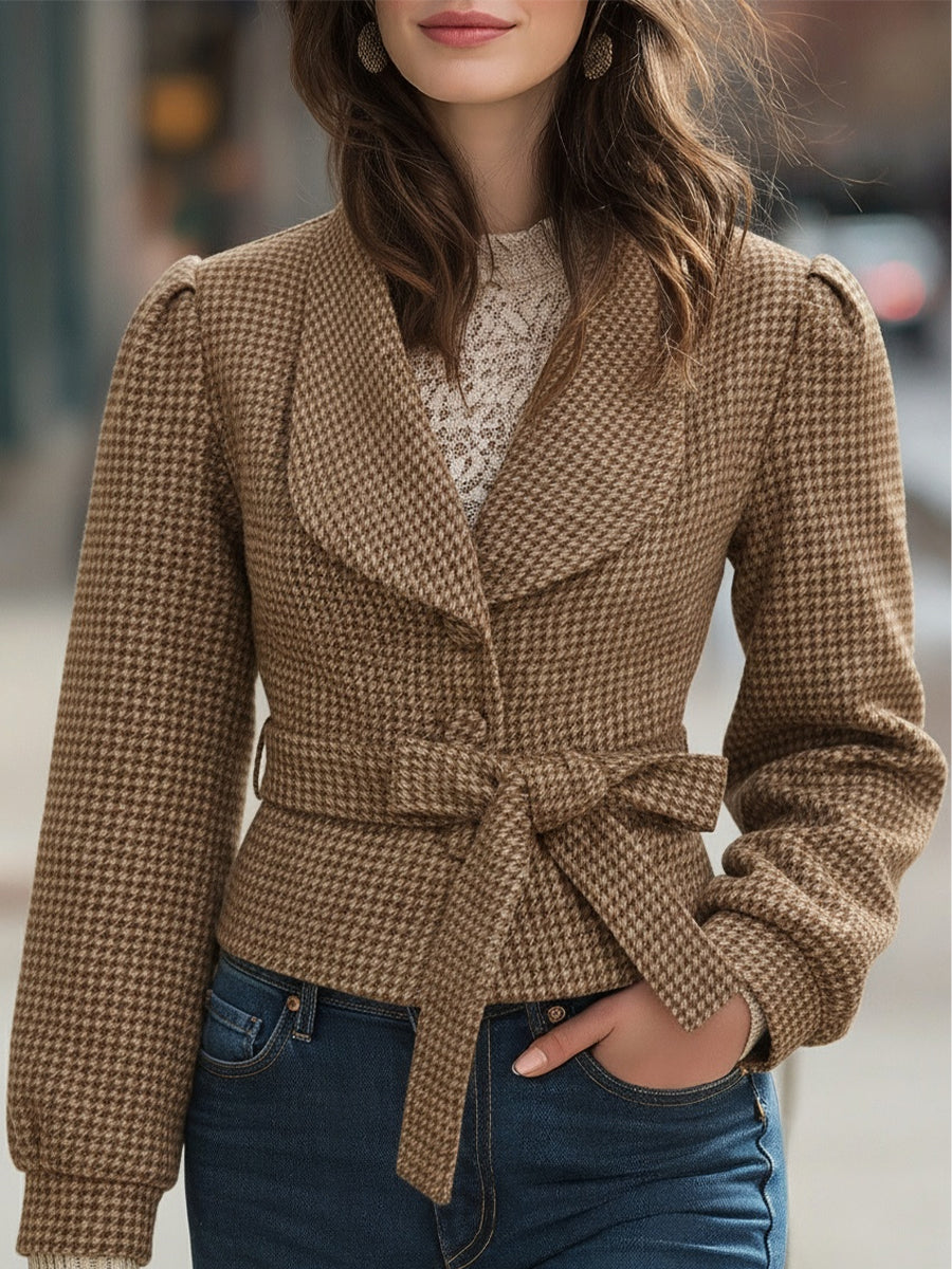 Chic Houndstooth Belted Wool-Blend Cropped - Cropped Coat