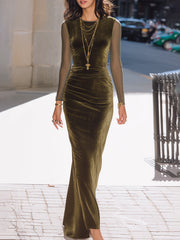 Olive Velvet Sheer-Sleeve Evening Gown - Maxi Dress