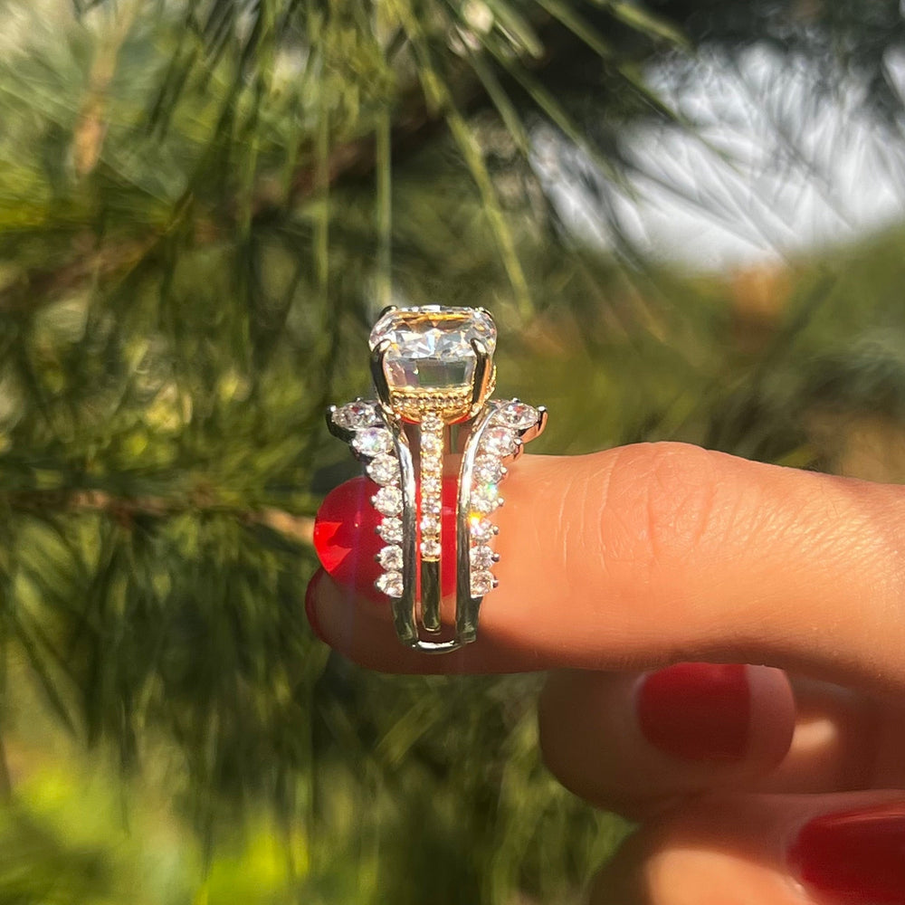 Vintage Hidden Halo Cushion Cut Insert Wedding Ring Set In Sterling Silver Shine of Diamond