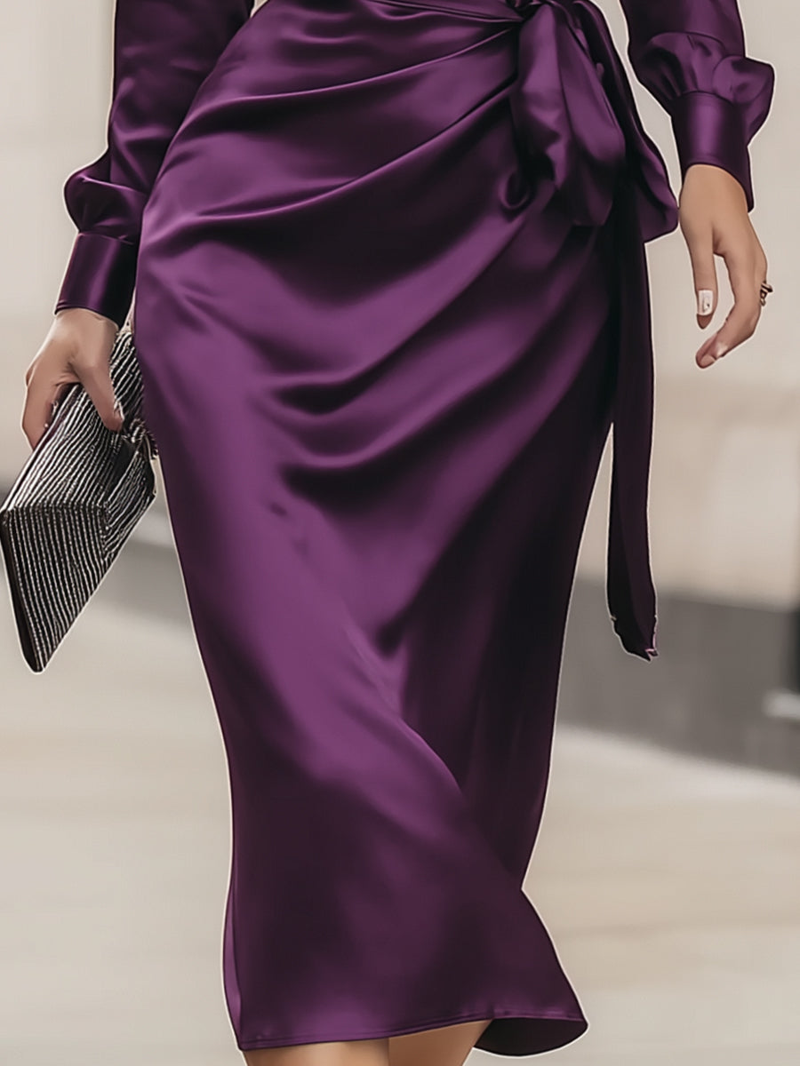 Deep Plum Satin Wrap with Tie Waist - Midi Dress