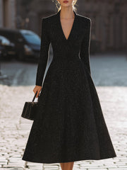 Glam Black Sequin V-Neck Evening - Midi Dress