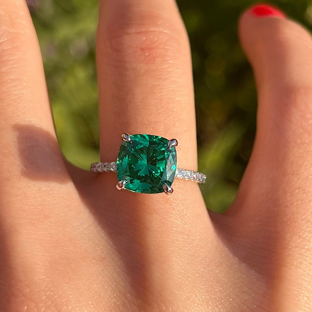 Retro Green Cushion Cut Hidden Halo Sterling Silver Engagement Ring Shine of Diamond