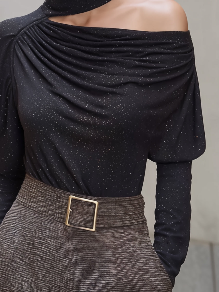Asymmetric High-Neck One-Shoulder Sparkle Knit Top MLZ