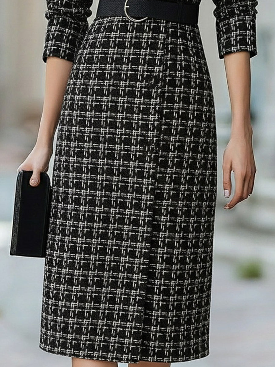 Plaid Tweed Belted Vintage Chic - Midi Dress
