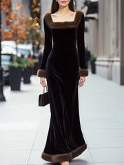 Luxury Black Velvet Evening Gown with Faux Fur Trim - Maxi Dress