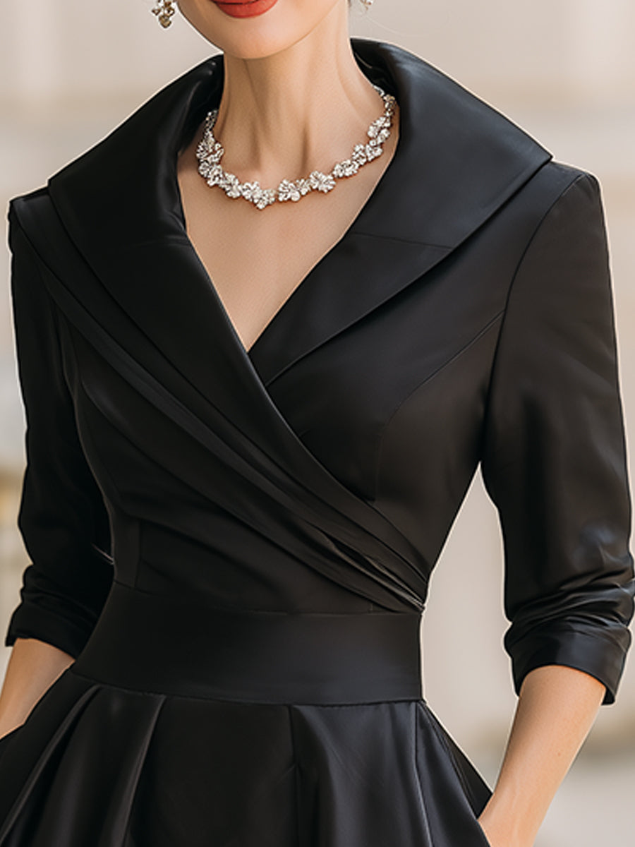 Vintage Satin Draped Collar Elegant Silhouette - Midi Dress