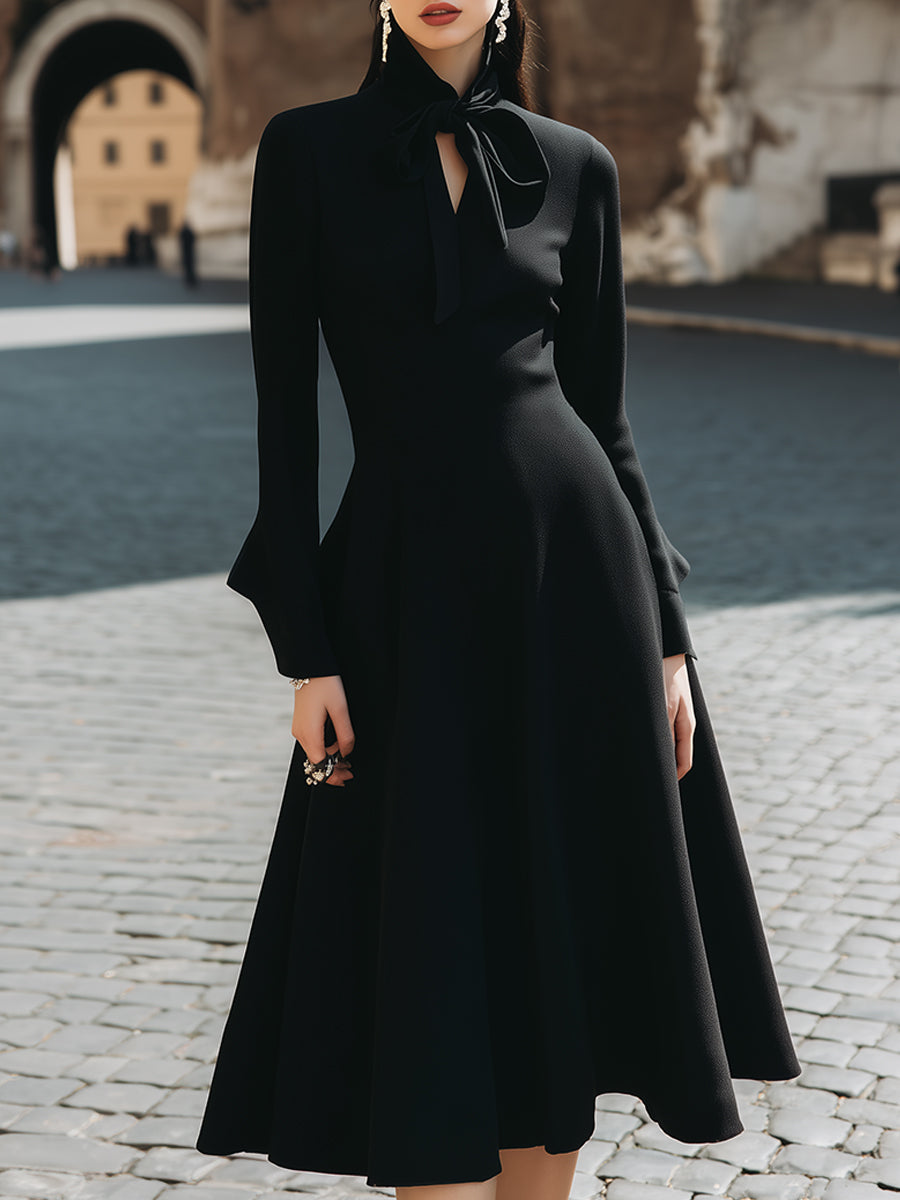 Women's Tie-Neck A-Line, Waist-Defined - Midi Dress
