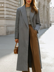 Chic Women's Striped Lapel Collar - Longline Coat