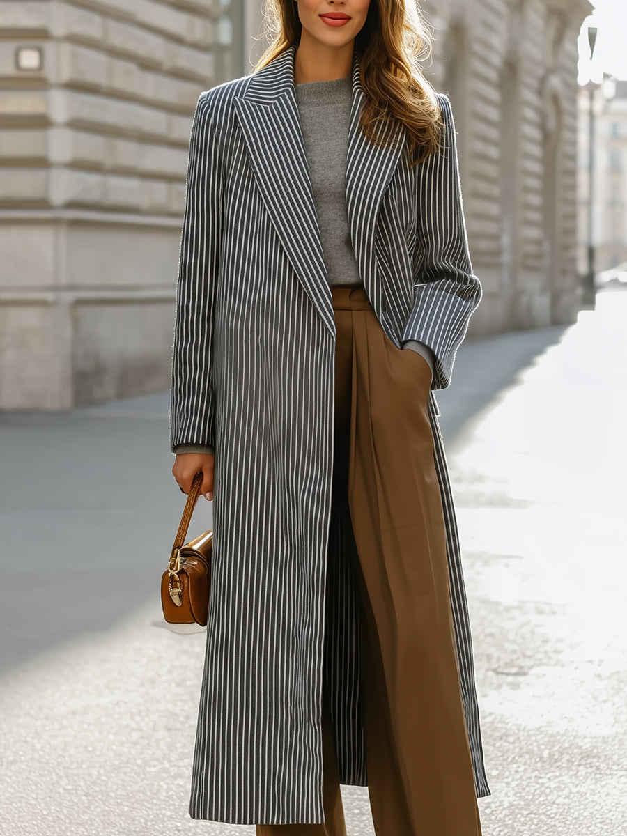 Chic Women's Striped Lapel Collar - Longline Coat