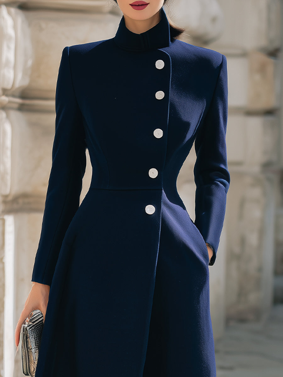Elegant Navy Stand Collar Longline - Maxi Coat