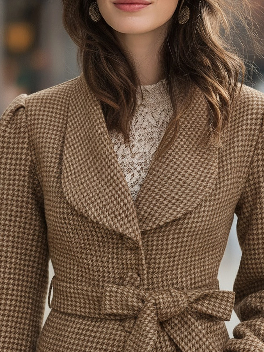 Chic Houndstooth Belted Wool-Blend Cropped - Cropped Coat