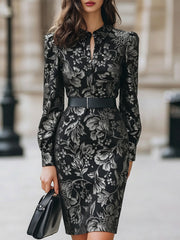 Velvet Floral Jacquard with Belted Waist - Midi Dress
