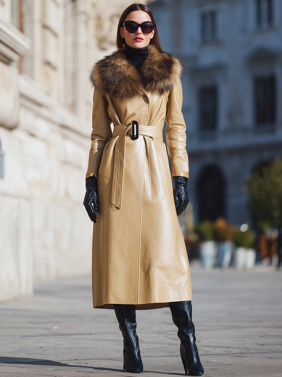 Camel Faux Leather Fur-Collar - Coat