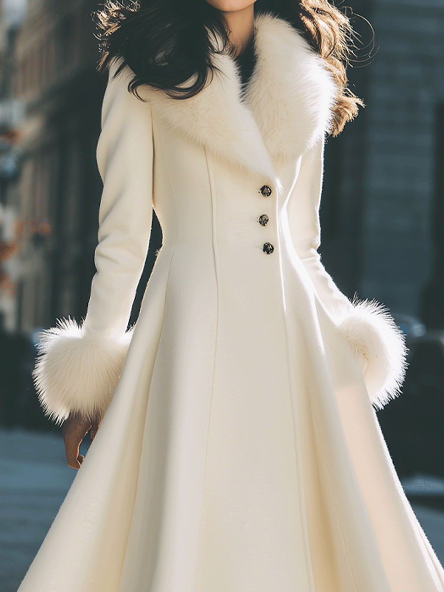 Ivory Flared Coat with Faux Fur Collar & Cuffs - Coat