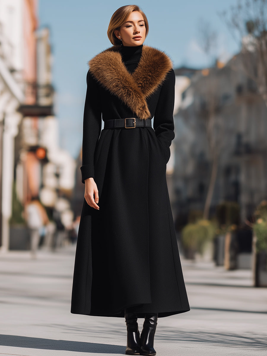 Black Wool with Wide Faux Fur Collar - Women's Wool Coat