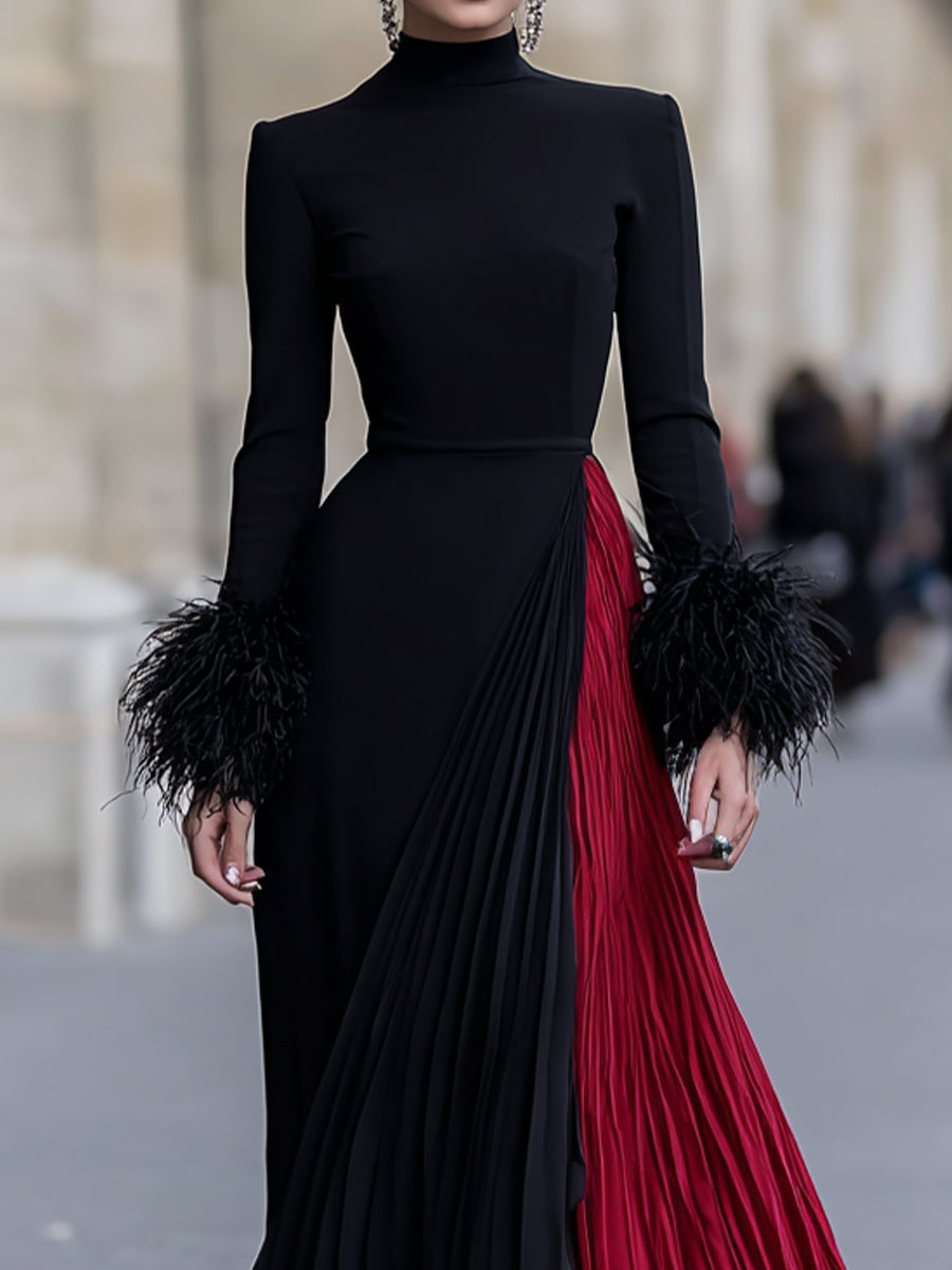 Black and Red Pleated Feather-Cuff Gown - Maxi Dress