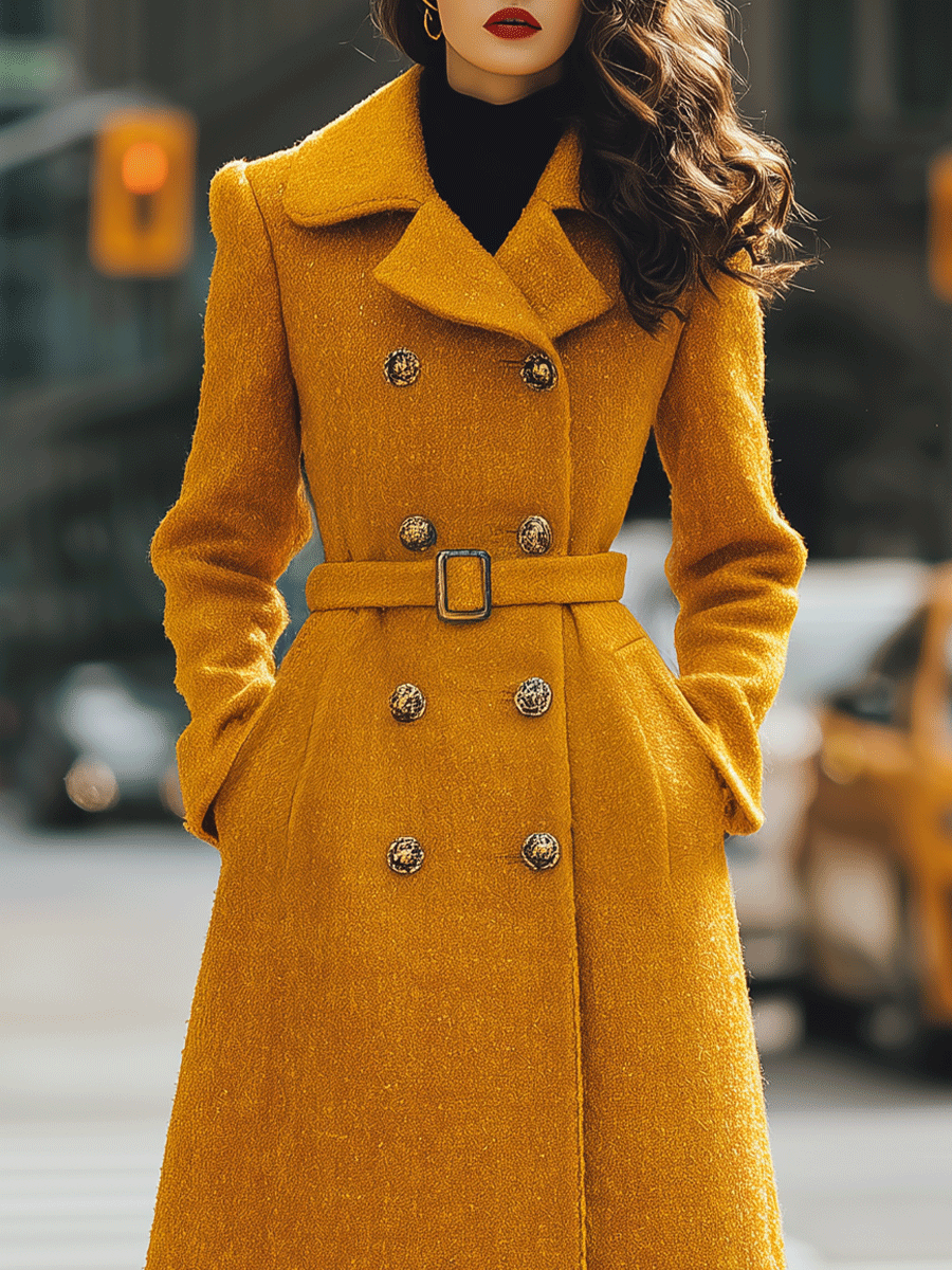 Mustard Double-Breasted Belted Coat-Style - Midi Dress